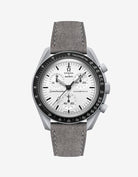 Grey suede leather strap on Omega X Swatch MoonSwatch 1965 | front view