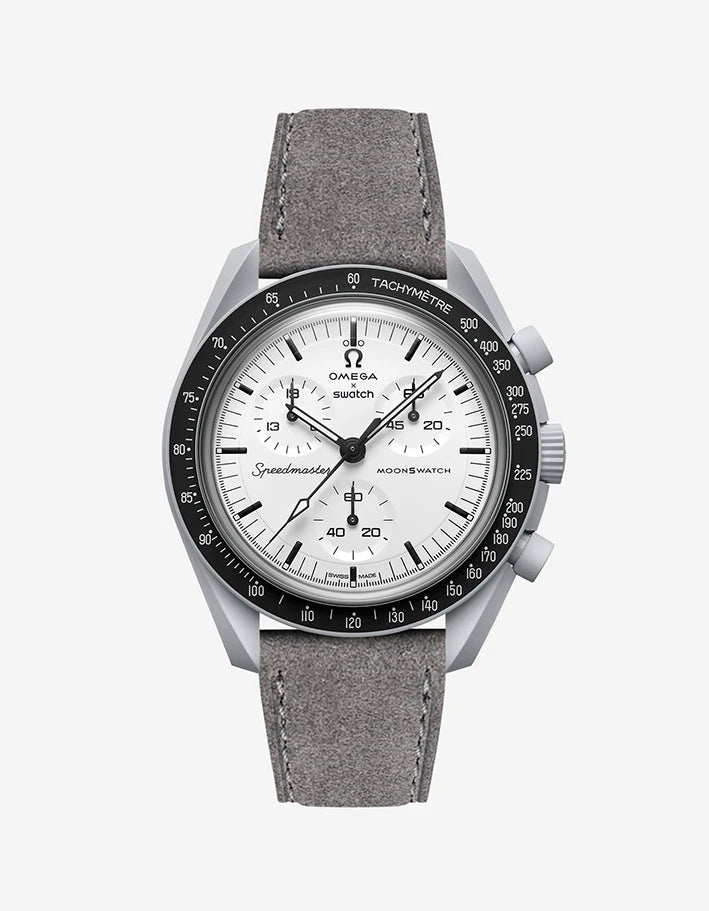 Grey suede leather strap on Omega X Swatch MoonSwatch 1965 | front view