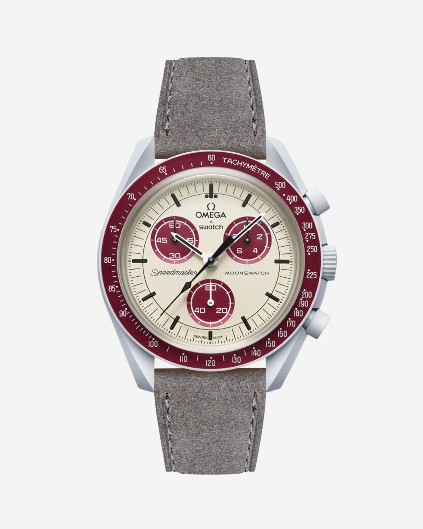 Omega X Swatch Mission to Pluto with Grey suede leather strap on watch – front view