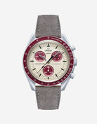 Omega X Swatch Mission to Pluto with Grey suede leather strap on watch – front view