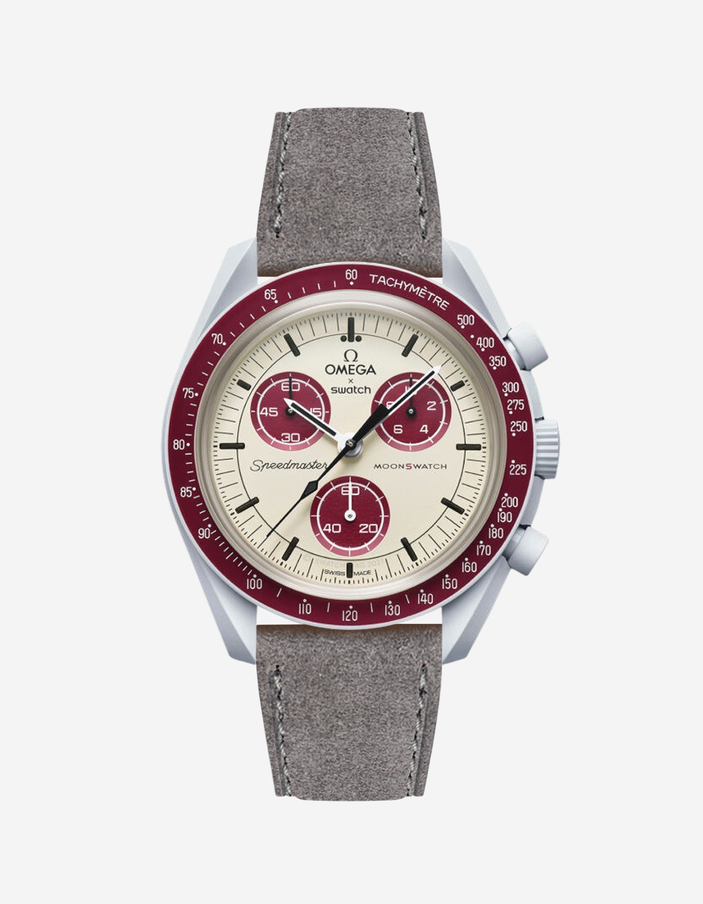 Omega X Swatch Mission to Pluto with Grey suede leather strap on watch – front view
