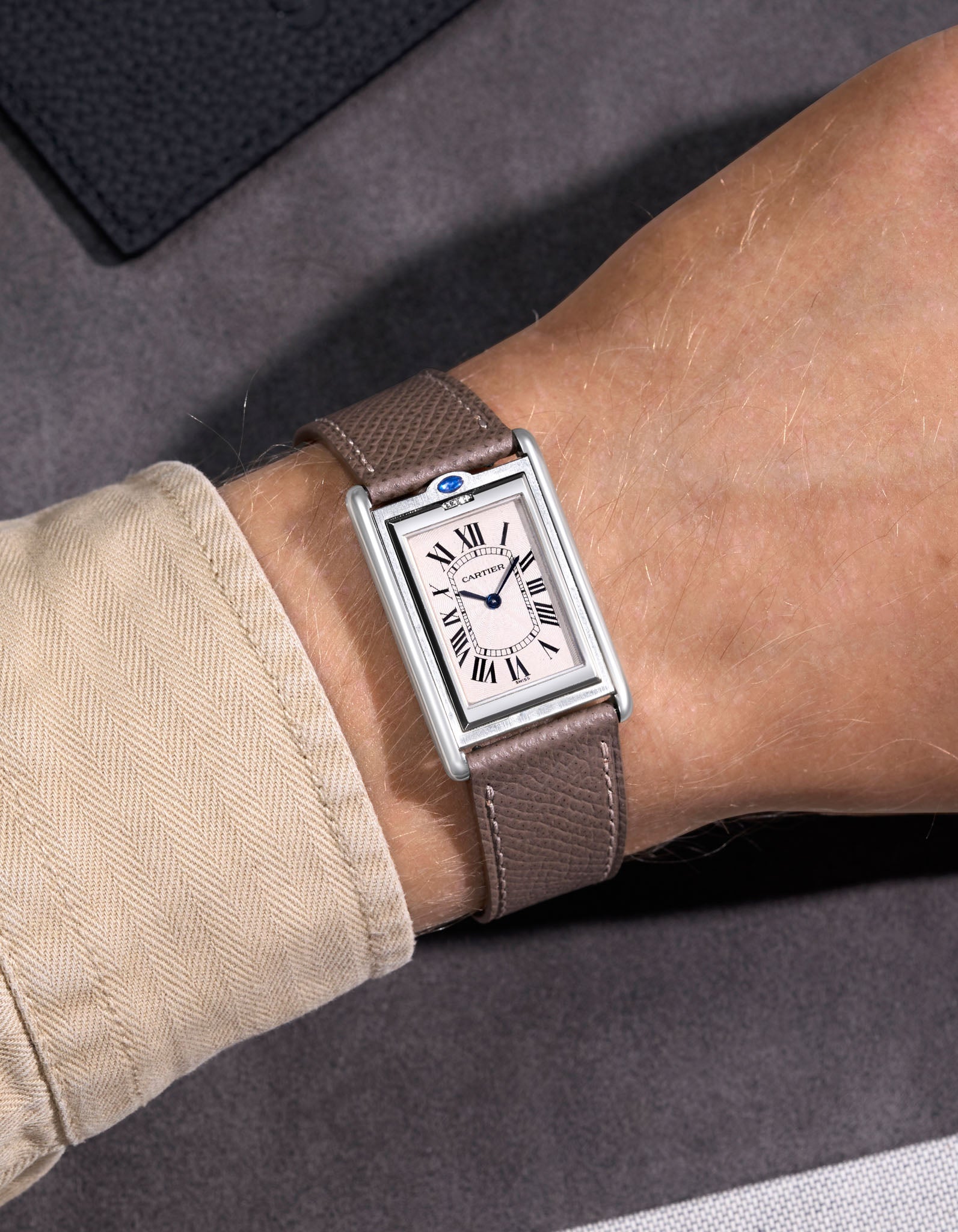 Grey Epsom Leather Strap 17mm - 21mm - on Cartier Tank Wrist Shot - Wristbuddys