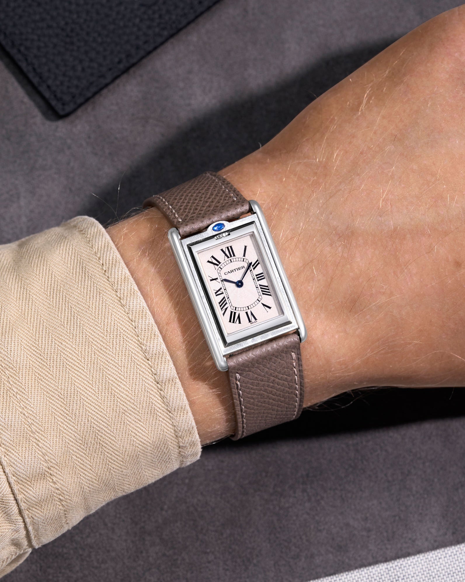 Grey Epsom Leather Strap on Cartier Tank Wrist Shot