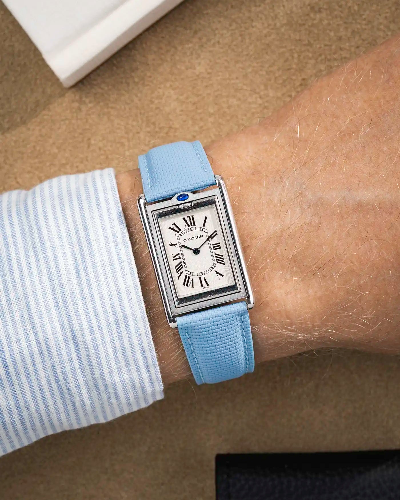 Light Blue Rubberised Sailcloth Strap on dress watch – shown on collection listing