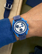 Light Blue & White Stitches Denim strap on Omega x Swatch Mission to Super Blue Moonphase wrist shot
