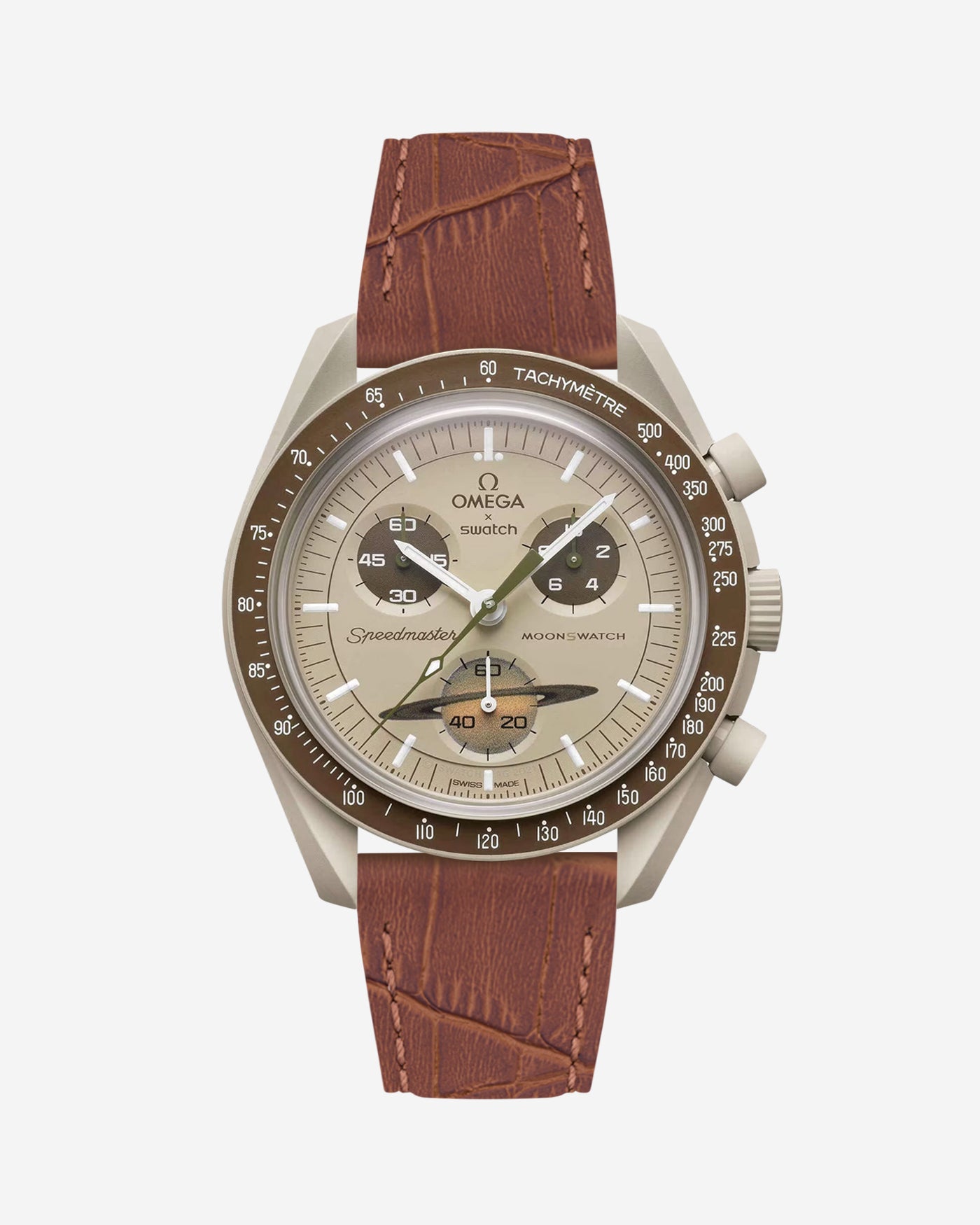 Light Brown embossed alligator leather strap on Omega X Swatch MoonSwatch Mission to Saturn Watch