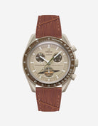 Light Brown embossed alligator leather strap on Omega X Swatch MoonSwatch Mission to Saturn Watch