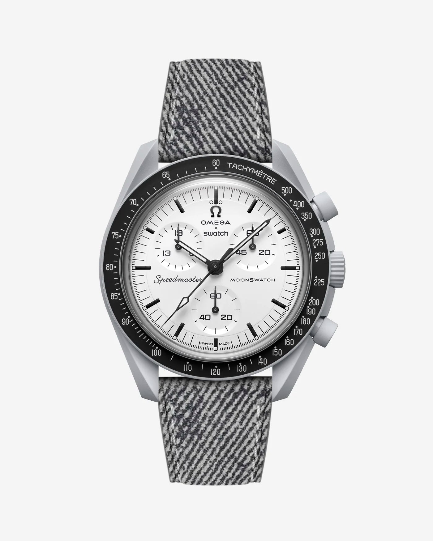 Light Grey Denim leather strap mounted on Omega x Swatch MoonSwatch 1965 – product image