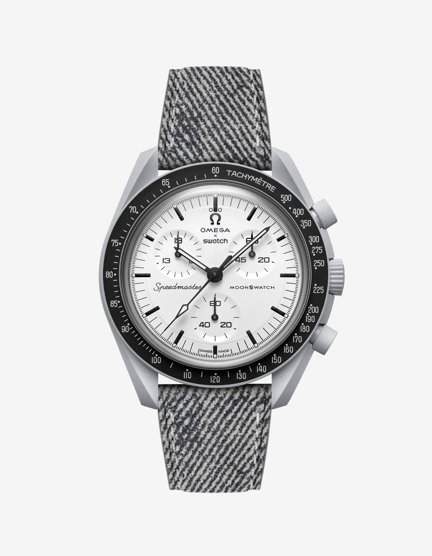 Light Grey Denim leather strap mounted on Omega x Swatch MoonSwatch 1965 – product image