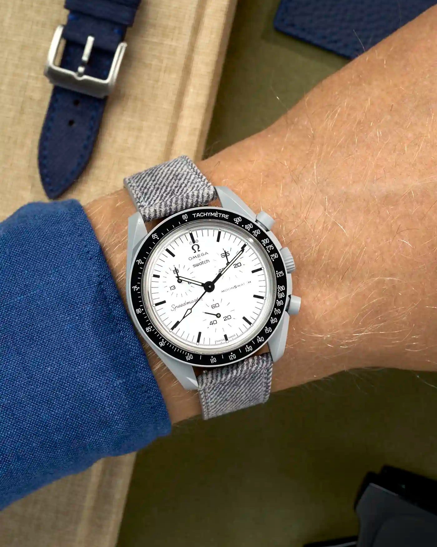 Light Grey Denim Watch Strap on Omega x Swatch MoonSwatch 1965 with black and white dial - wrist shot