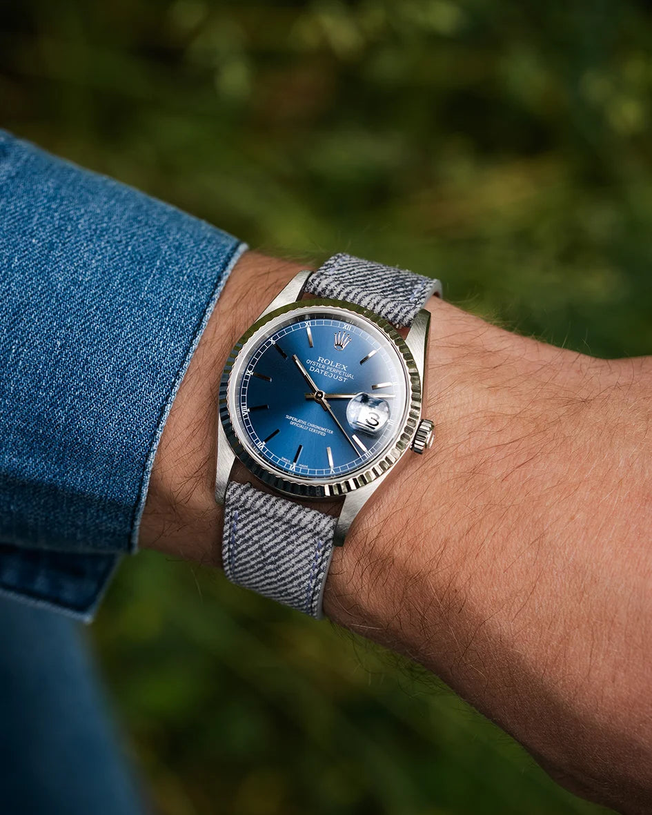 Light Grey Denim Strap on Rolex Datejust – wrist shot with blue dial and denim shirt
