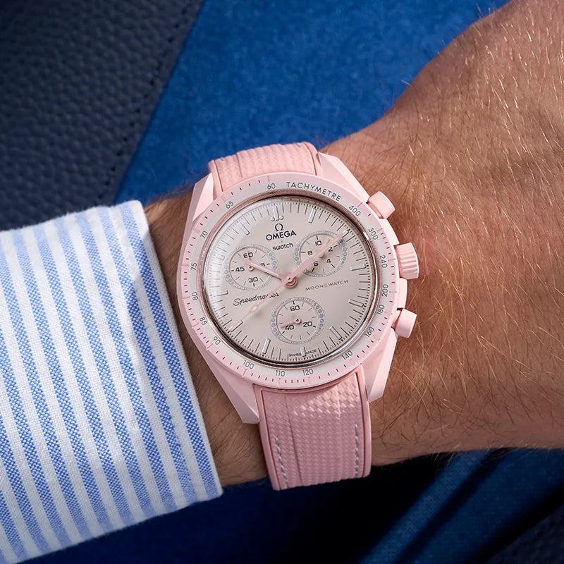 Pink rubber strap for Moonswatch mission to Venus