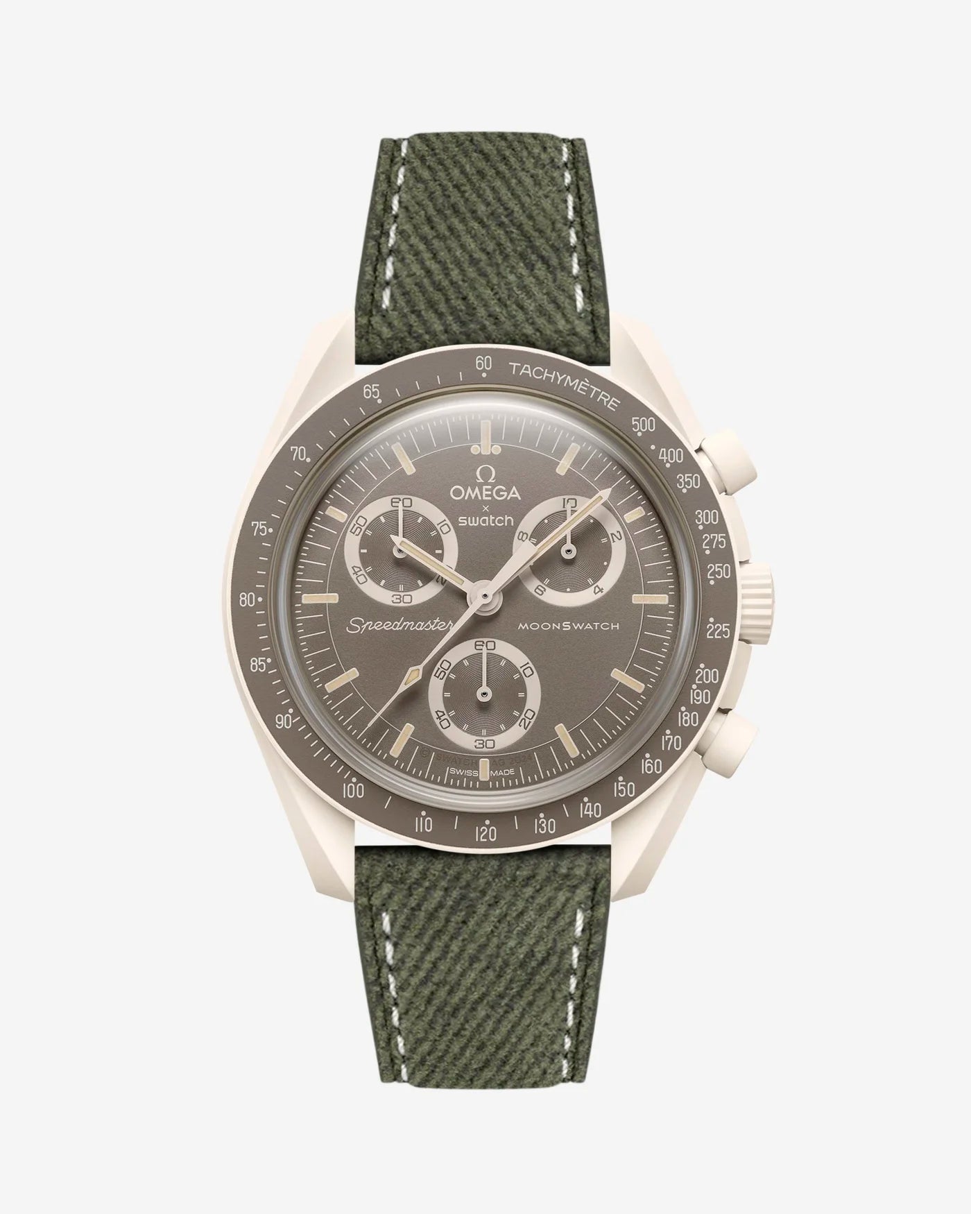 Military Green Denim leather strap mounted on Omega x Swatch MoonSwatch Mission on Earth Desert – product image