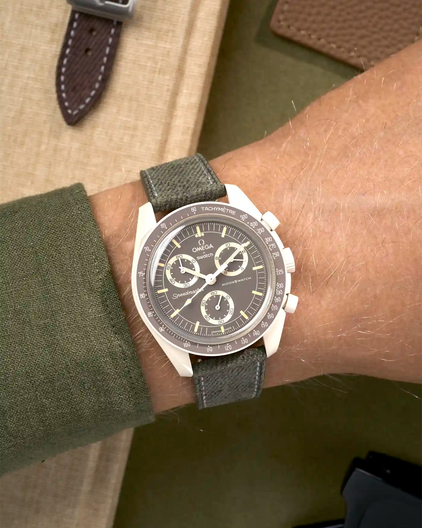 Military Green denim strap on Omega X Swatch Mission on Earth - Desert MoonSwatch