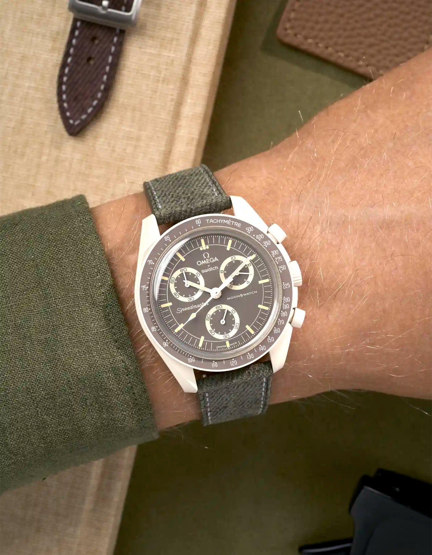 Military Green denim strap on Omega X Swatch Mission on Earth - Desert MoonSwatch