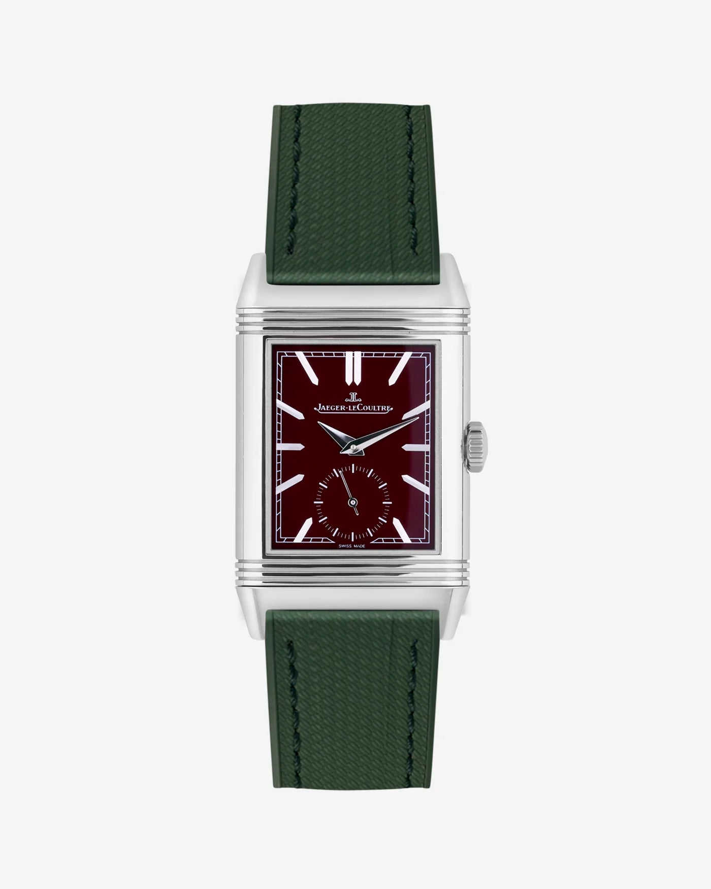 Military green FKM rubber strap mounted on Jaeger LeCoultre Reverso watch 20mm with polished buckle, front-facing image