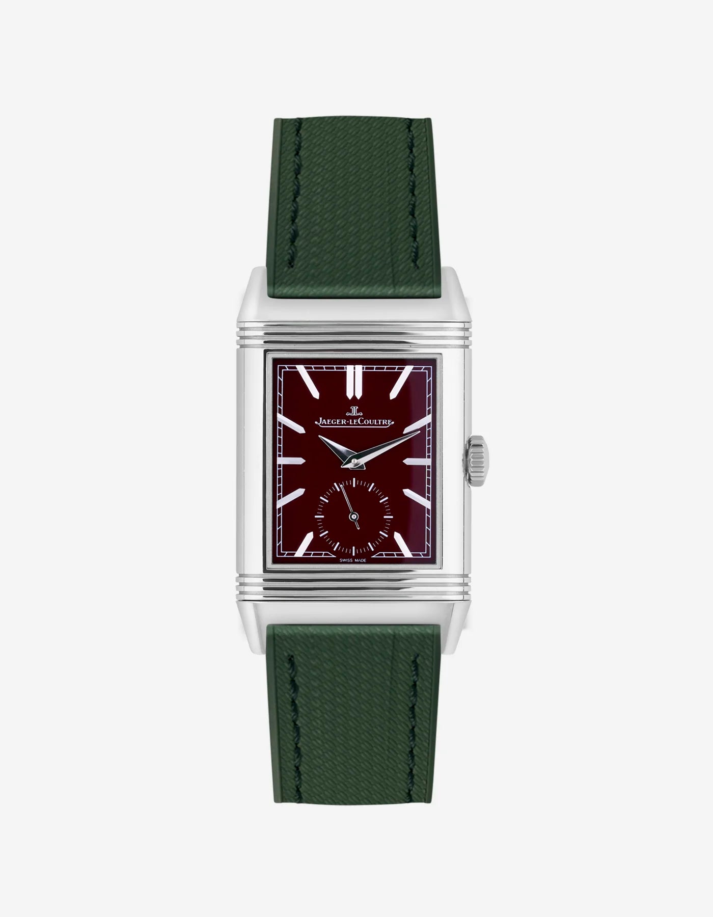 Military green FKM rubber strap mounted on Jaeger LeCoultre Reverso watch 20mm with polished buckle, front-facing image