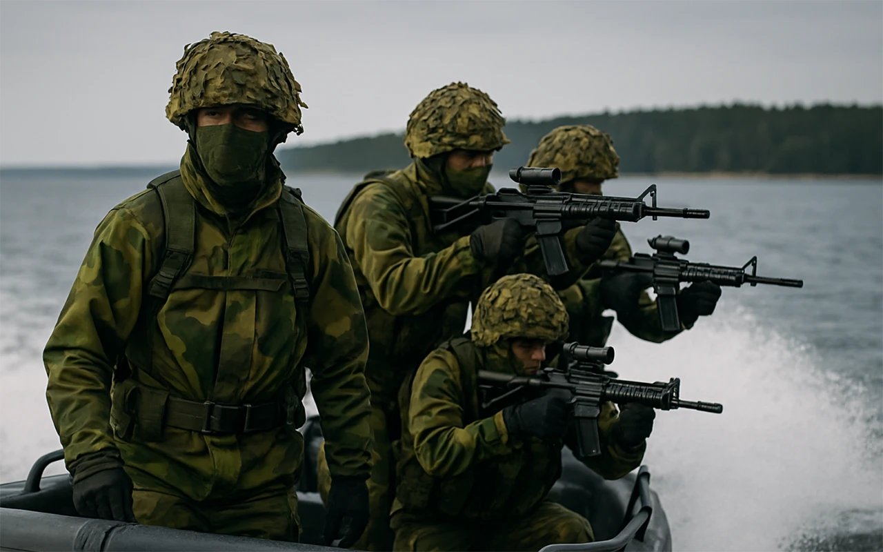 Wristbuddys discount code MILITARY10 honoring military service, featuring armed soldiers in camouflage gear on a tactical boat mission
