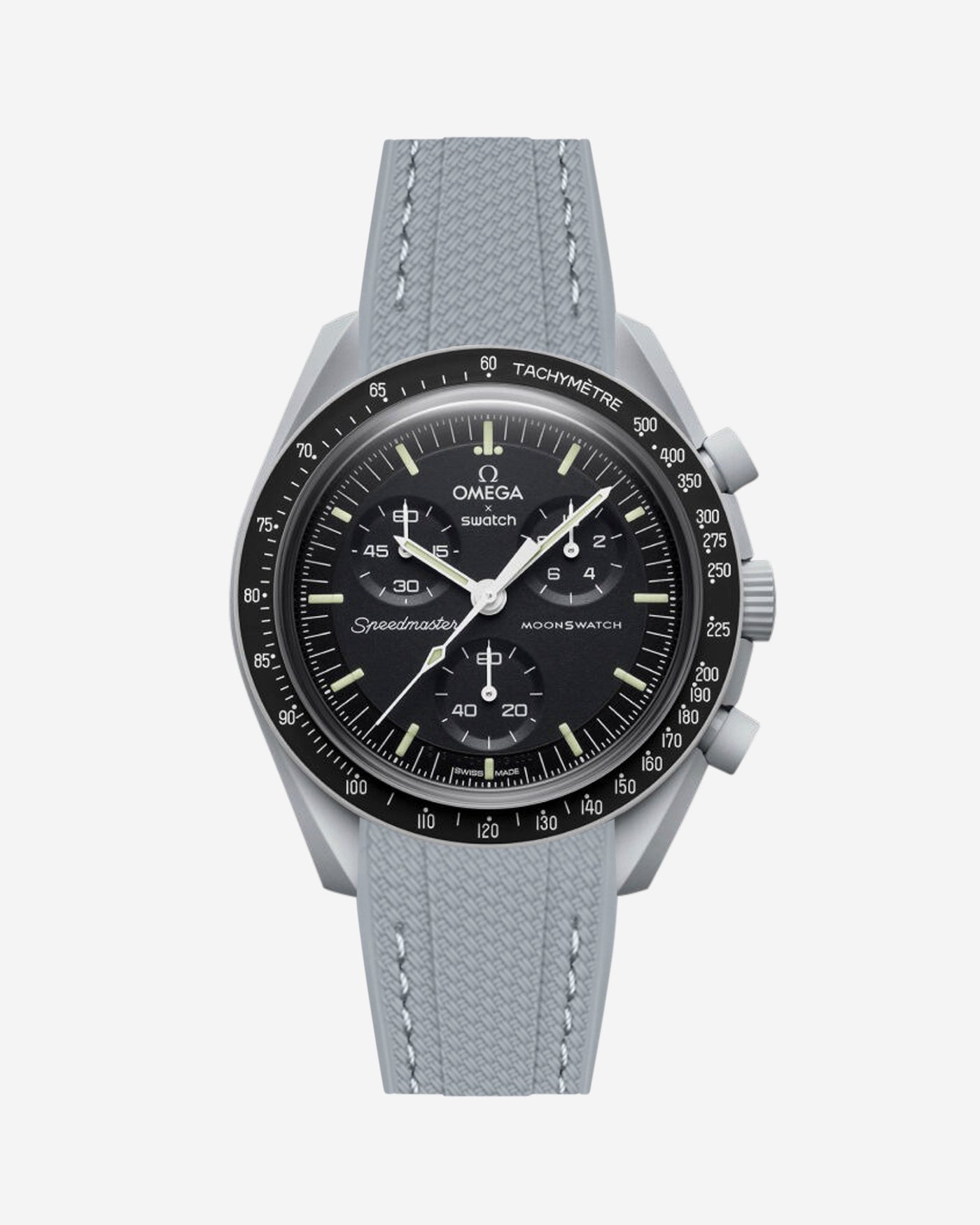 dark grey vertech rubber watch strap on Omega X Swatch Mission to the Moon