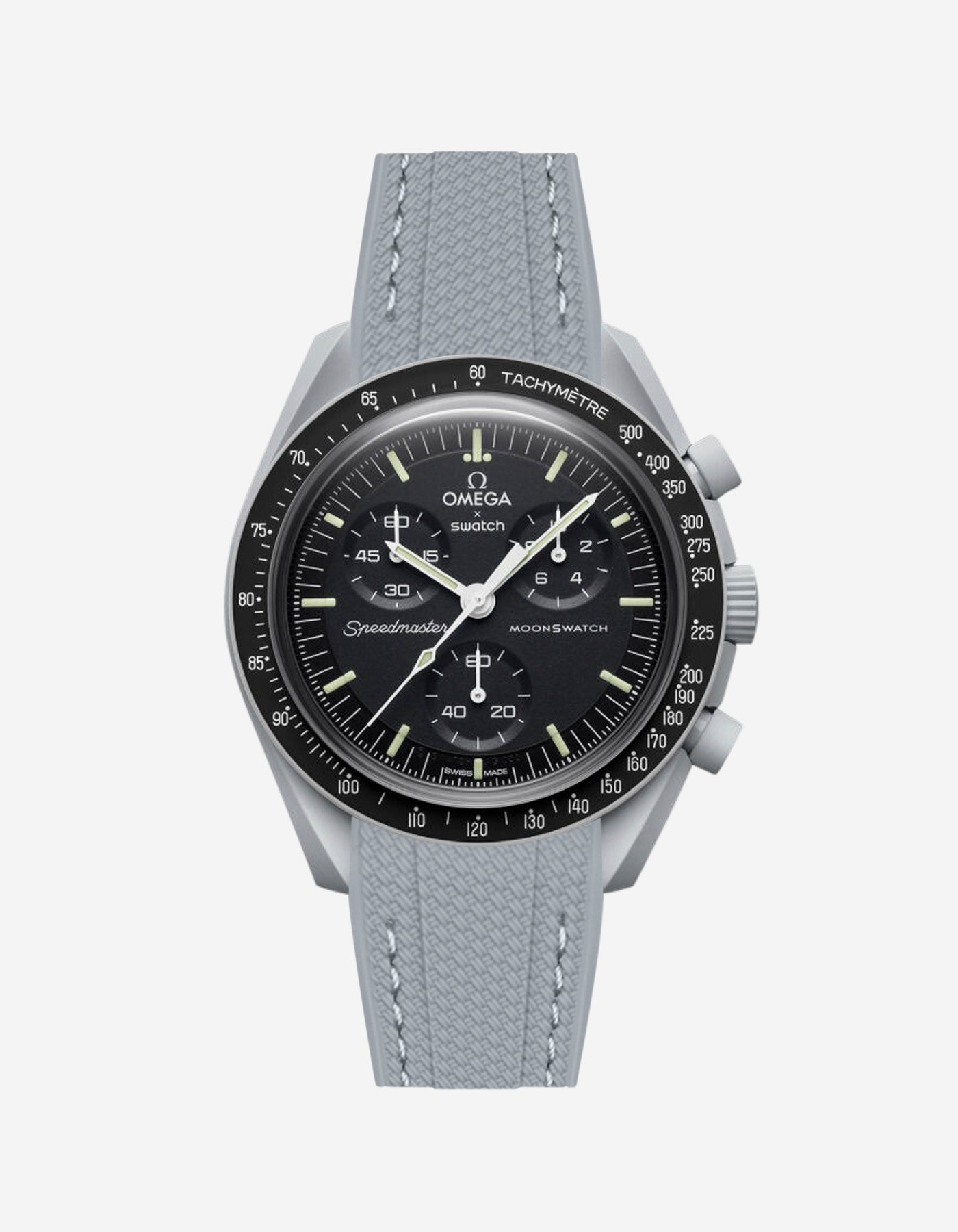 dark grey vertech rubber watch strap on Omega X Swatch Mission to the Moon