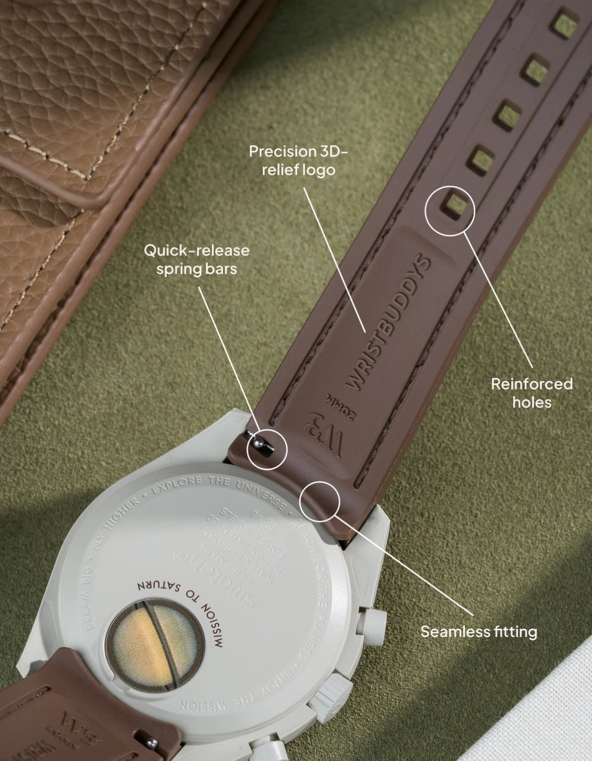 Brown rubber strap designed for Omega x Swatch MoonSwatch Earth Desert model with precision 3D-logo, secure spring bars and ergonomic fit.