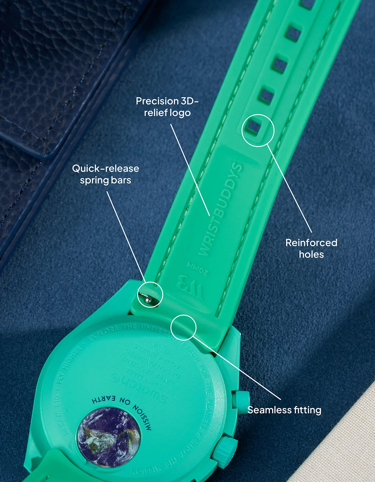 Polar light Green rubber strap for Omega x Swatch MoonSwatch Earth Polar Lights – seamless fitting, 3D-logo detail and secure spring bar system.