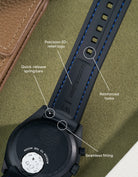 Black Wristbuddys Vertech strap for Omega x Swatch MoonSwatch Mercury featuring blue stitching and 3D-logo relief.