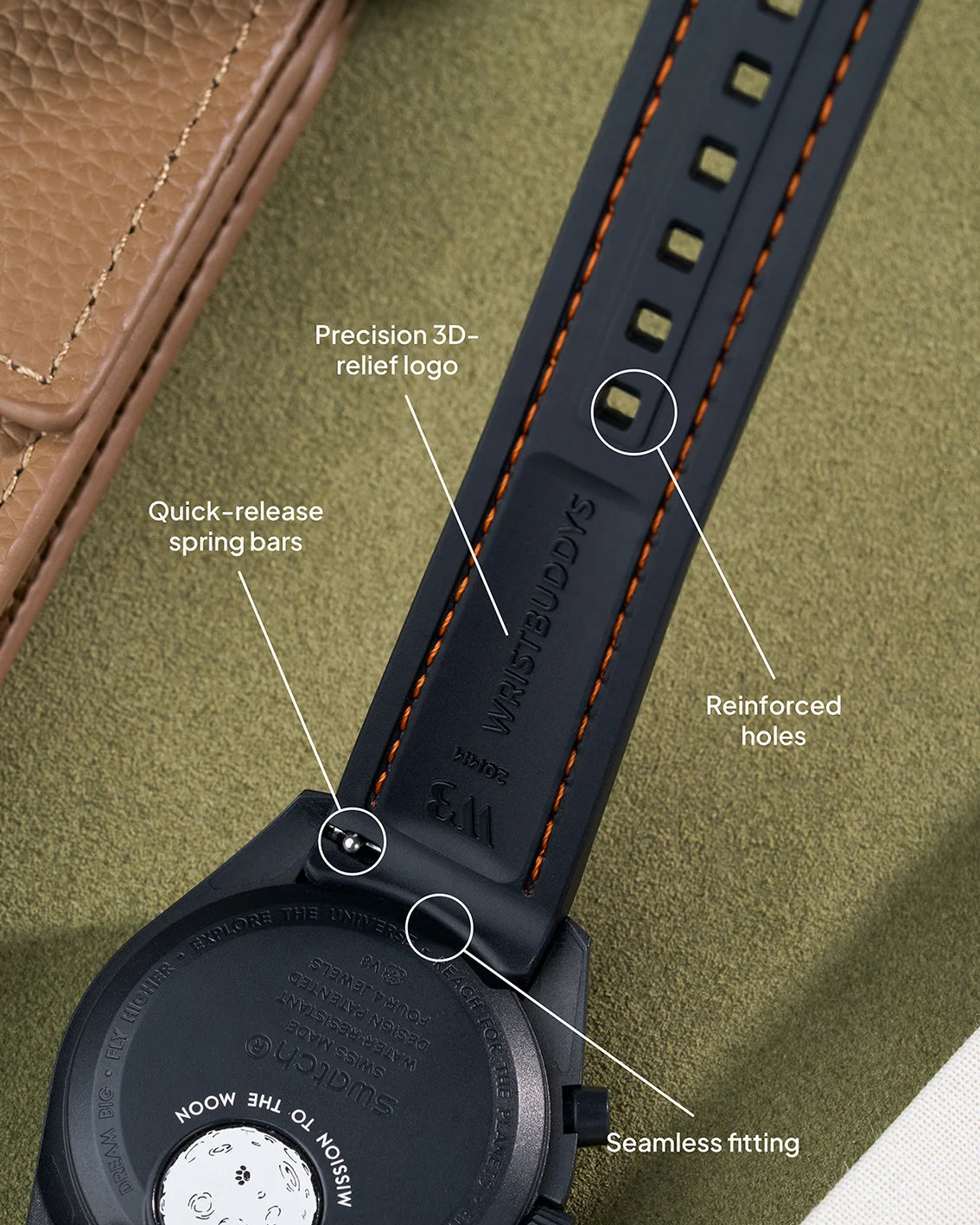 Black Rubber strap for MoonSwatch Mercury with orange stitched Vertech design and integrated quick-release.