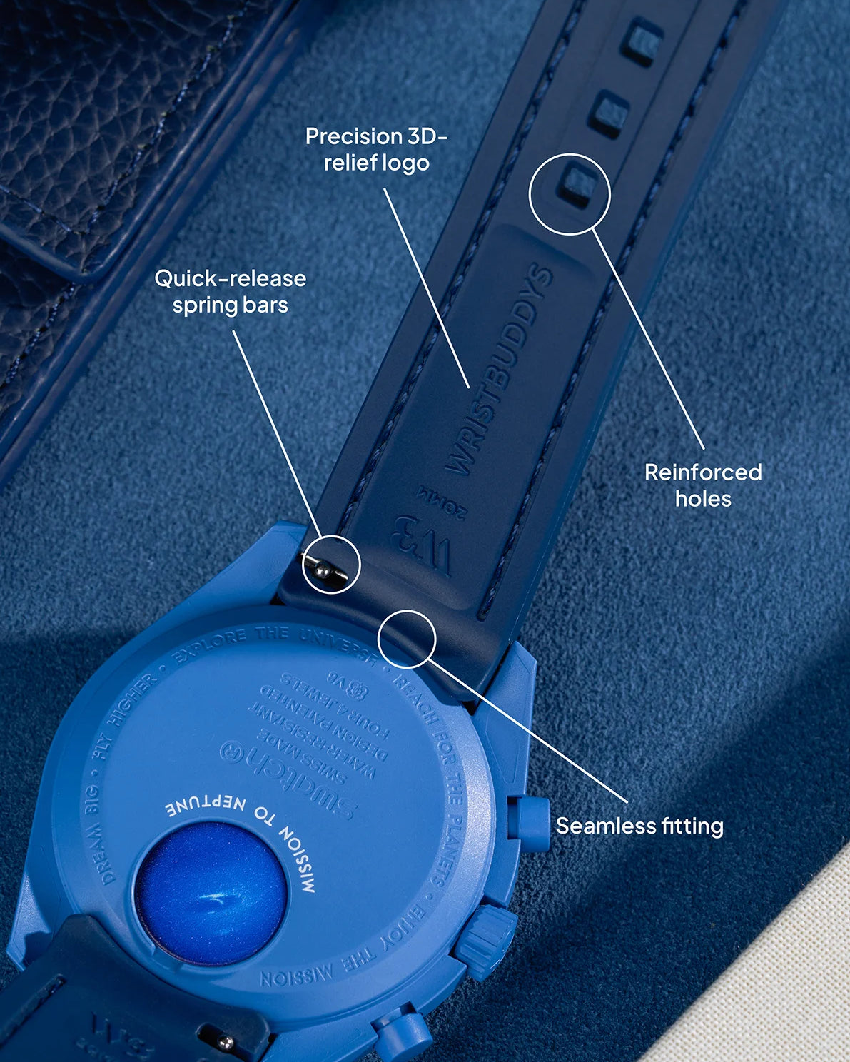 Dark navy blue strap for MoonSwatch Mission to the Moonphase, highlighting tight watch case fitting and reinforced details