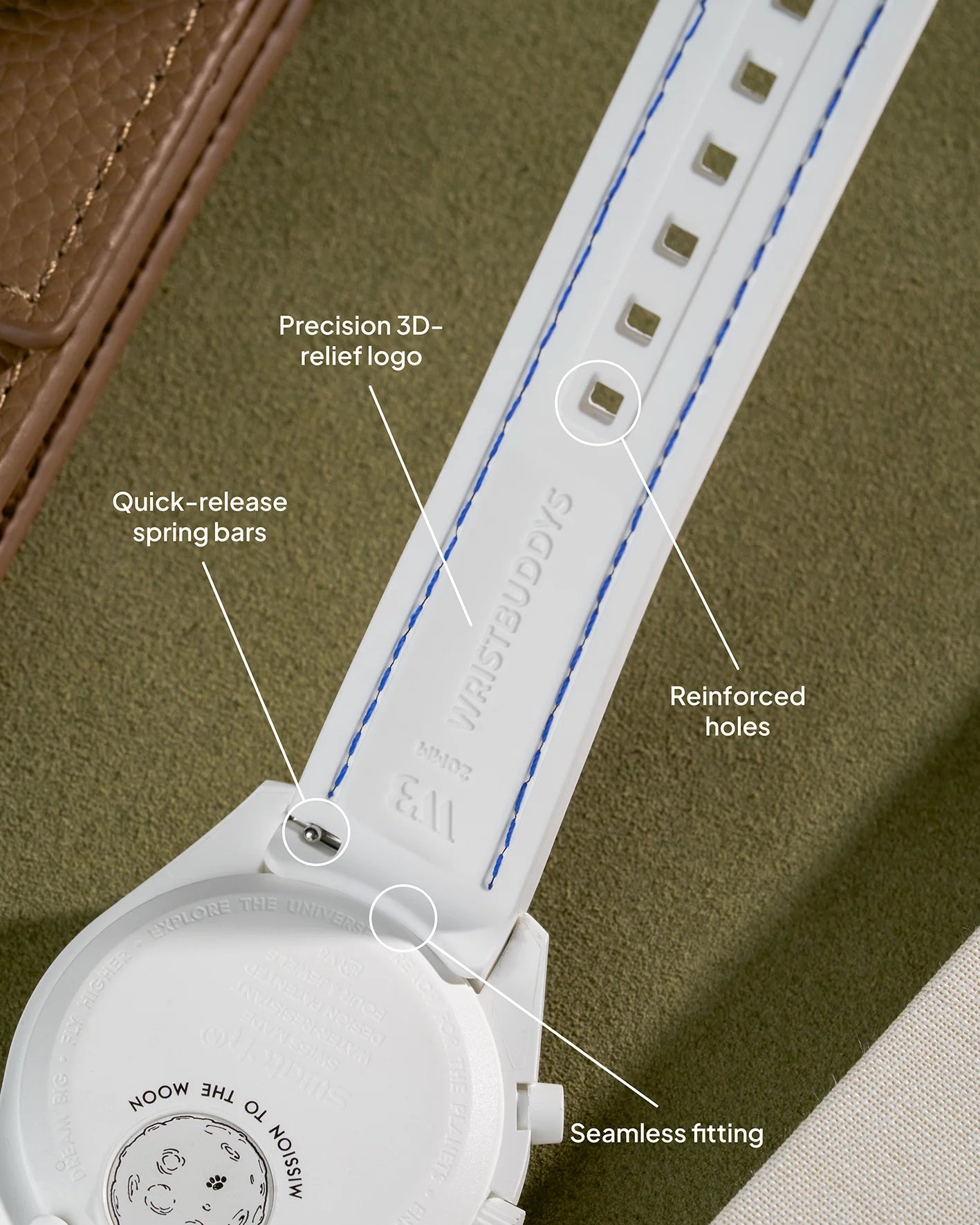 White strap with blue stitching for MoonSwatch Mission to the Moonphase, close-up of back side with quick-release mechanism and secure hole design