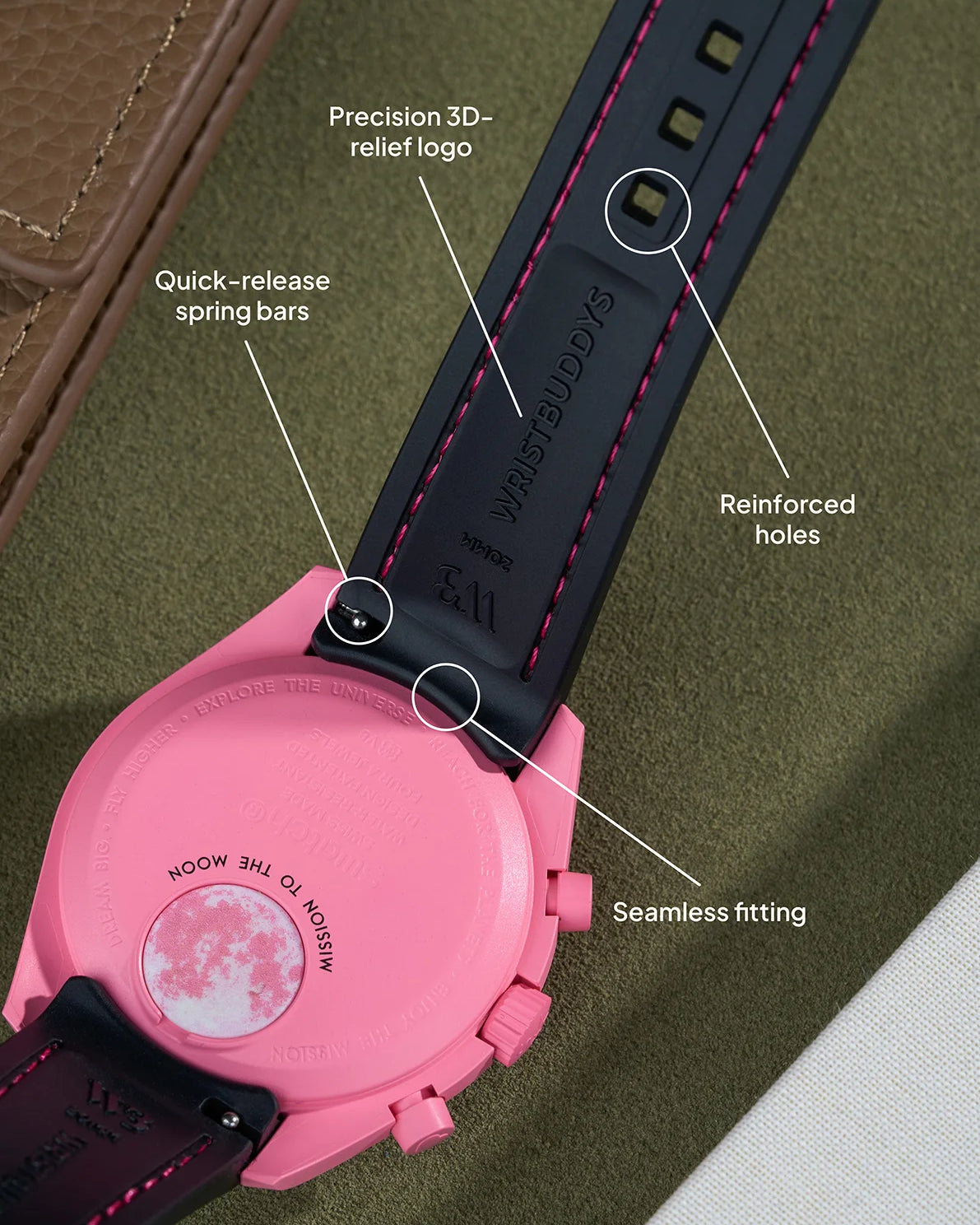 Black Vertech strap with pink stitching for MoonSwatch Pink Moonphase – precision logo, reinforced holes and secure fitting.