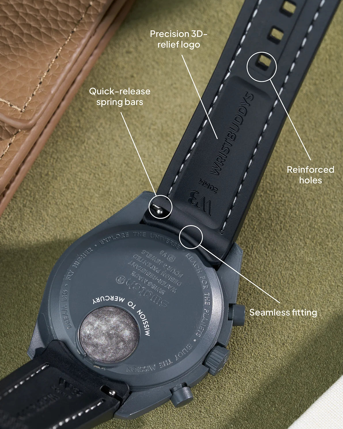 Black strap with white stitching for MoonSwatch Pink Moonphase – reinforced adjustment holes and clean, seamless finish.