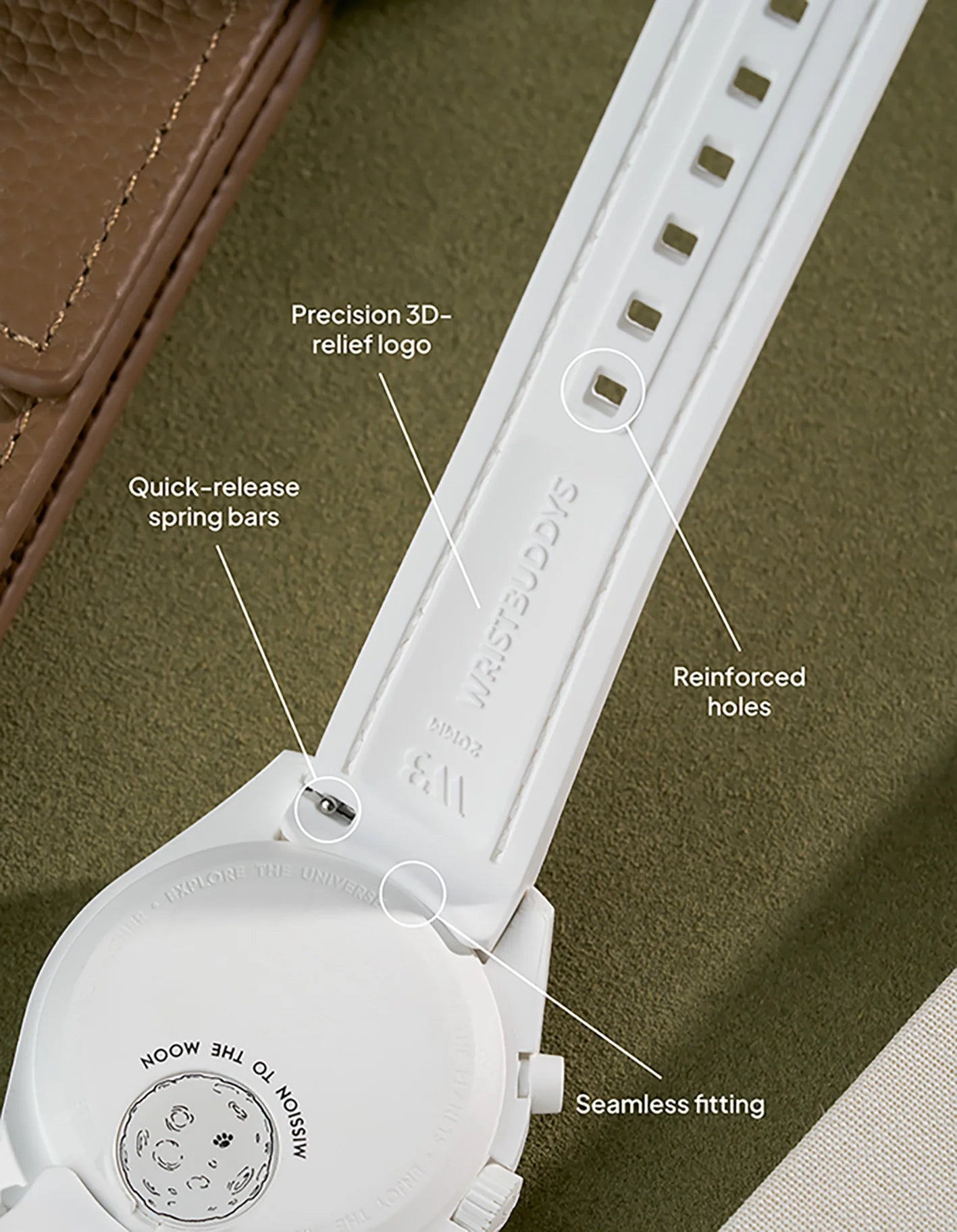 White Vertech strap designed for MoonSwatch Super Blue Moonphase model – featuring quick-release spring bars and reinforced holes.