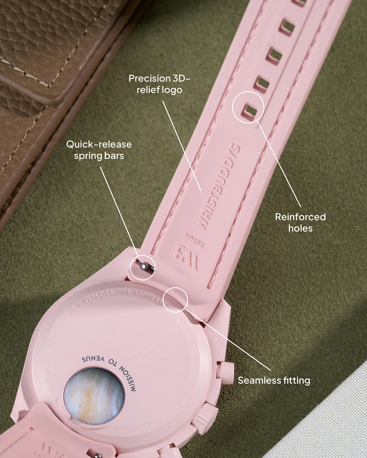 Pink Vertech rubber strap for MoonSwatch Mission to Venus featuring reinforced holes, quick-release spring bars and seamless case fitting.