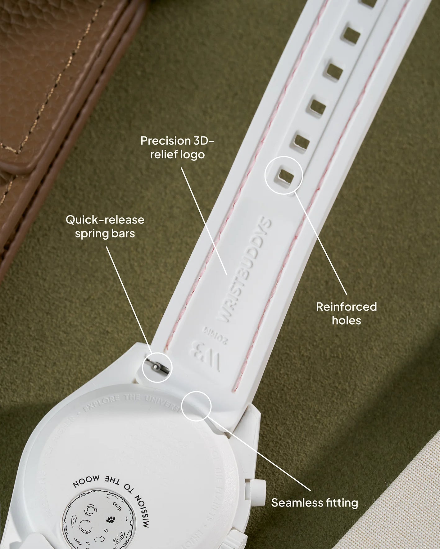 White rubber strap with pink stitching for MoonSwatch Mission to Venus – featuring seamless integration, precision logo detailing and quick-release construction.