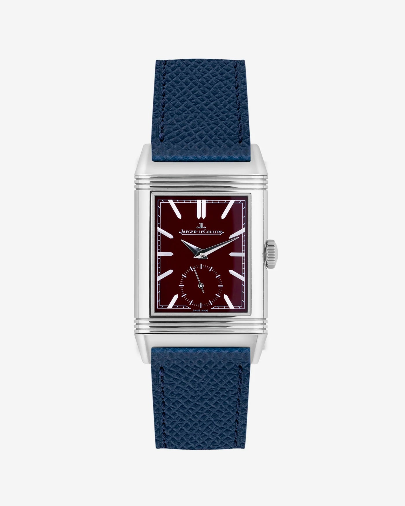Navy blue Epsom leather strap mounted on Jaeger LeCoultre Reverso watch 20mm, front-facing on-watch product image
