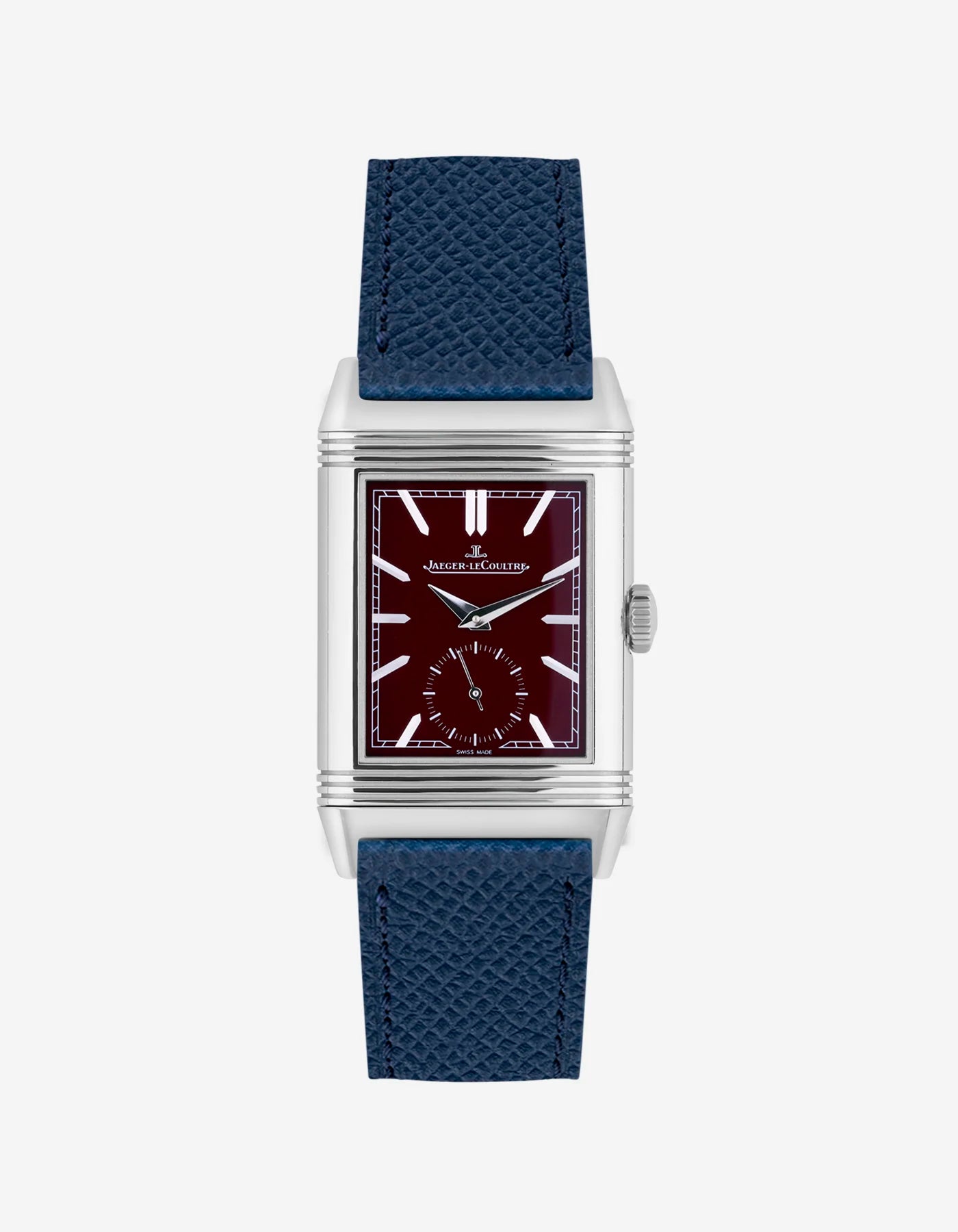 Navy blue Epsom leather strap mounted on Jaeger LeCoultre Reverso watch 20mm, front-facing on-watch product image