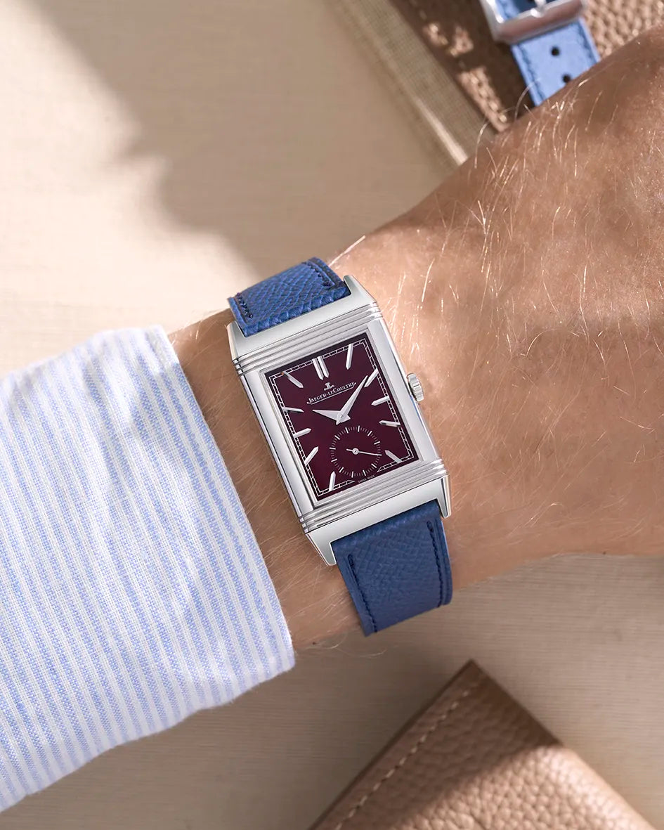 Navy blue Epsom leather strap for Jaeger LeCoultre Reverso 20mm shown on wrist