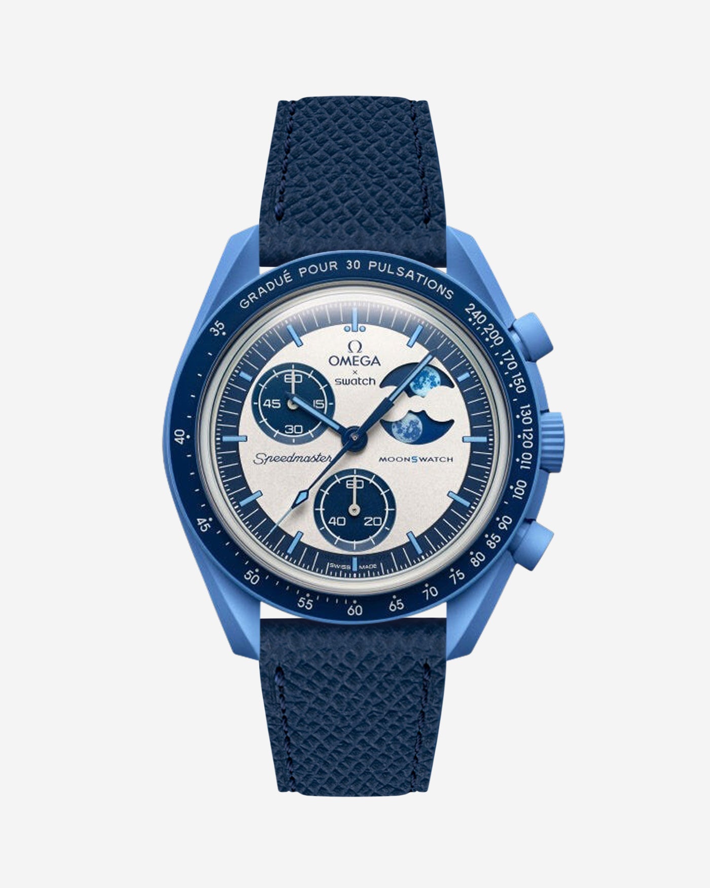 Omega X Swatch Mission to Super Blue Moonphase with Navy Blue Epsom leather strap mounted – front view