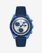 Omega X Swatch Mission to Super Blue Moonphase with Navy Blue Epsom leather strap mounted – front view