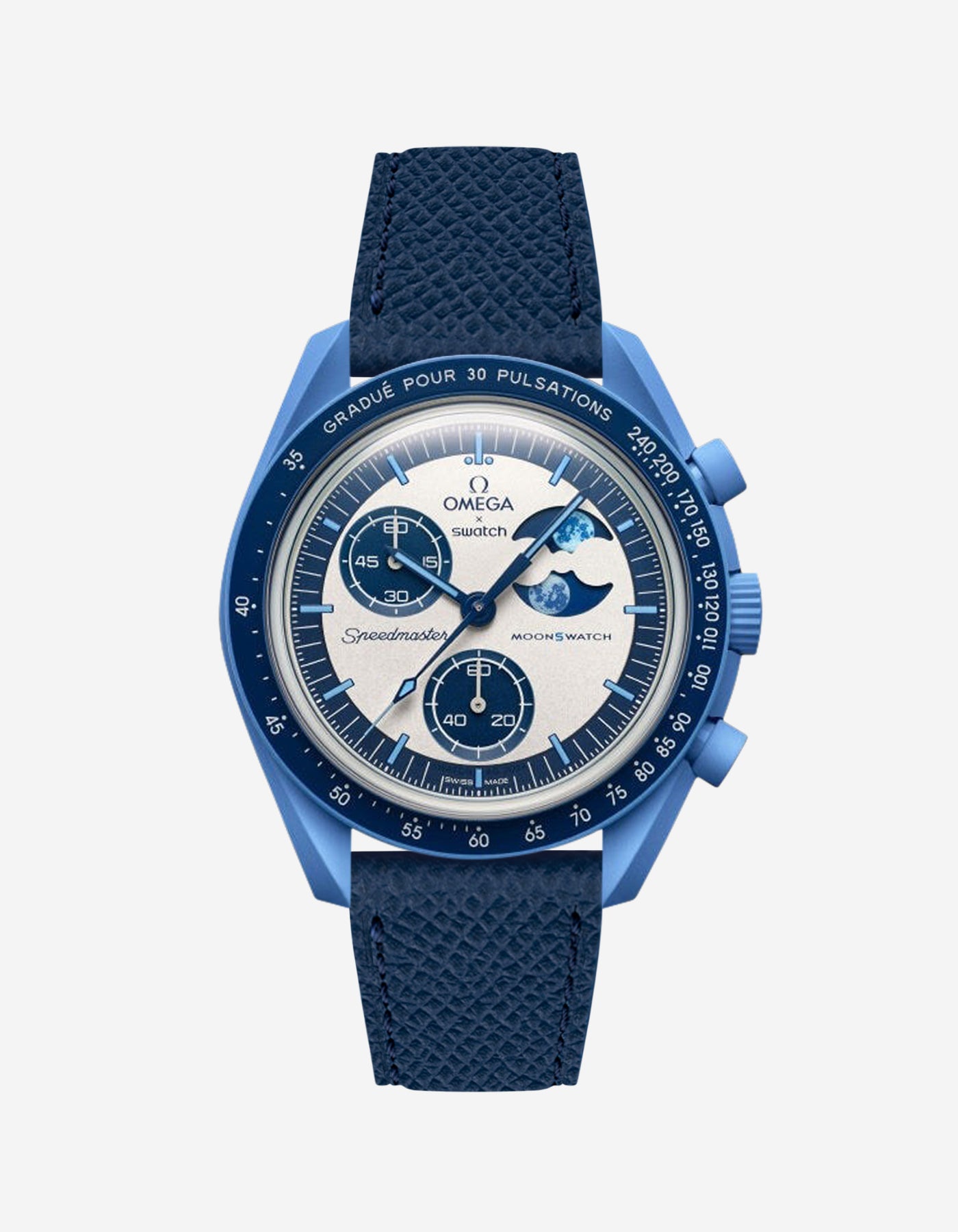 Omega X Swatch Mission to Super Blue Moonphase with Navy Blue Epsom leather strap mounted – front view