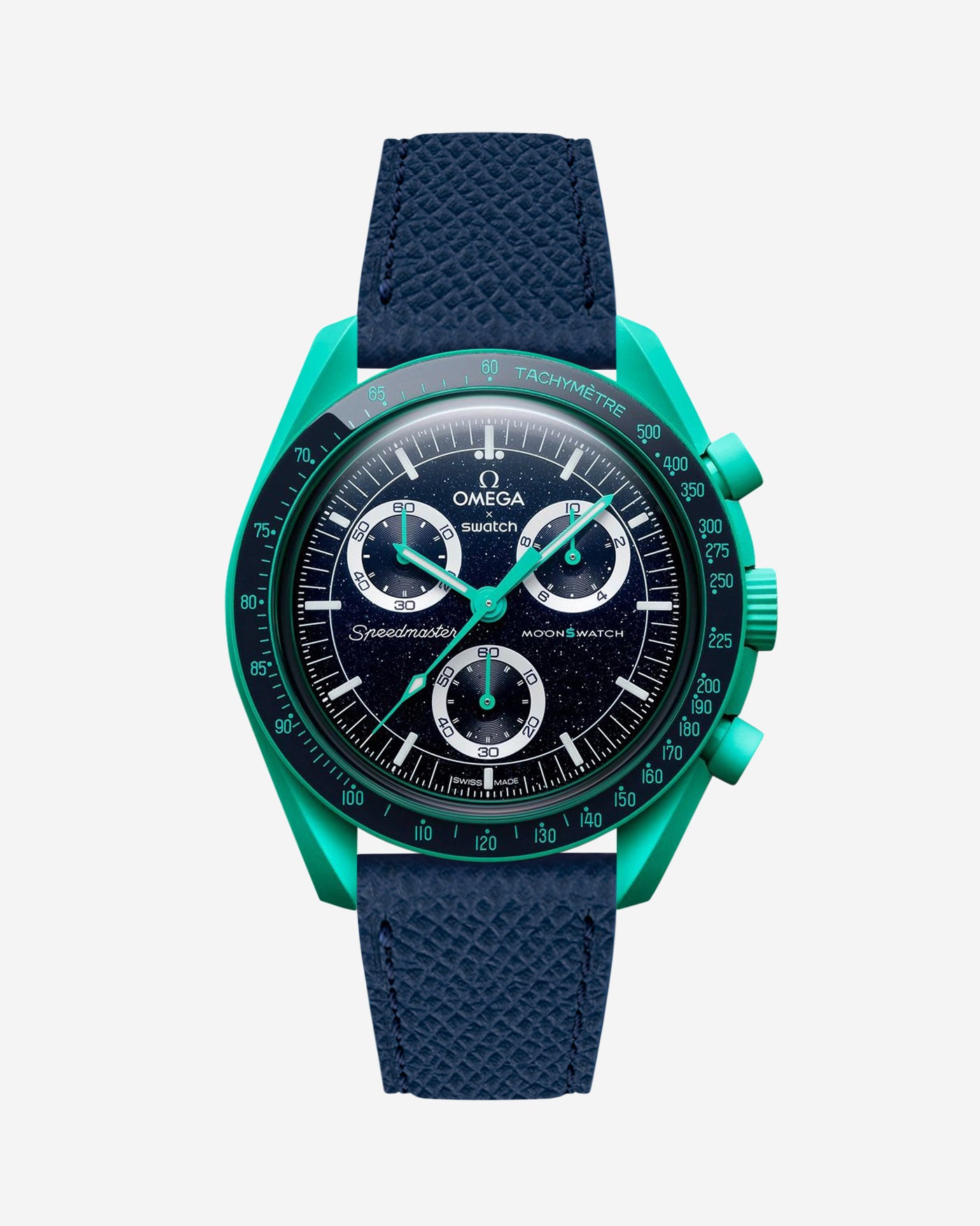 Navy Blue Epsom leather strap on Omega x Swatch Mission on Earth - Polar Lights watch