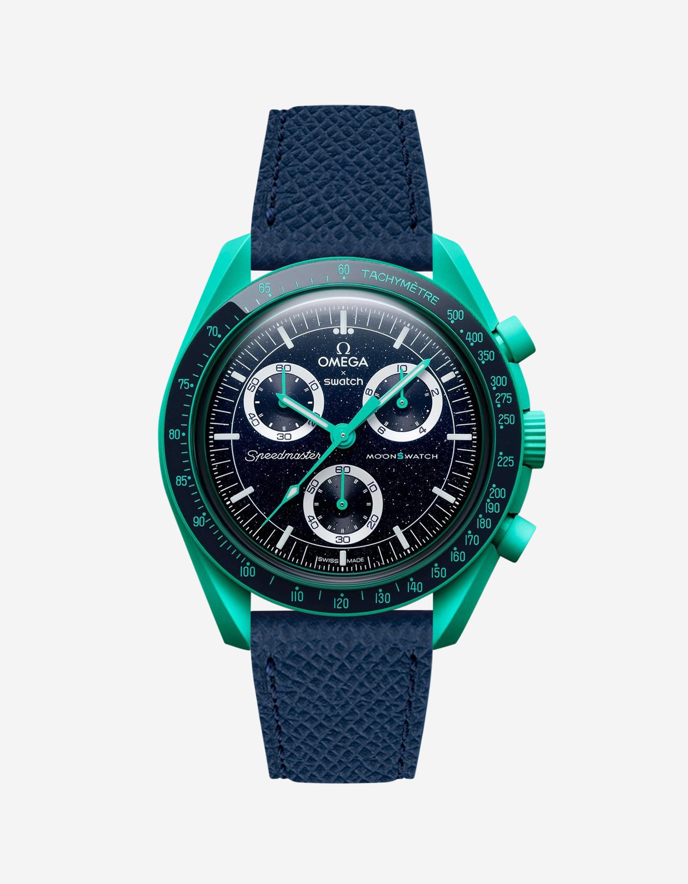 Navy Blue Epsom leather strap on Omega x Swatch Mission on Earth - Polar Lights watch
