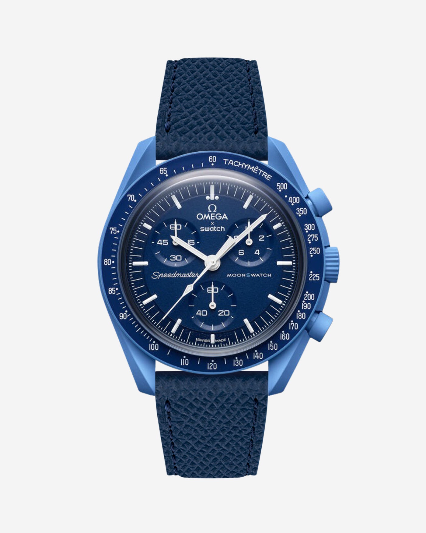 Navy Blue Epsom leather strap on Omega x Swatch Mission to Neptune watch