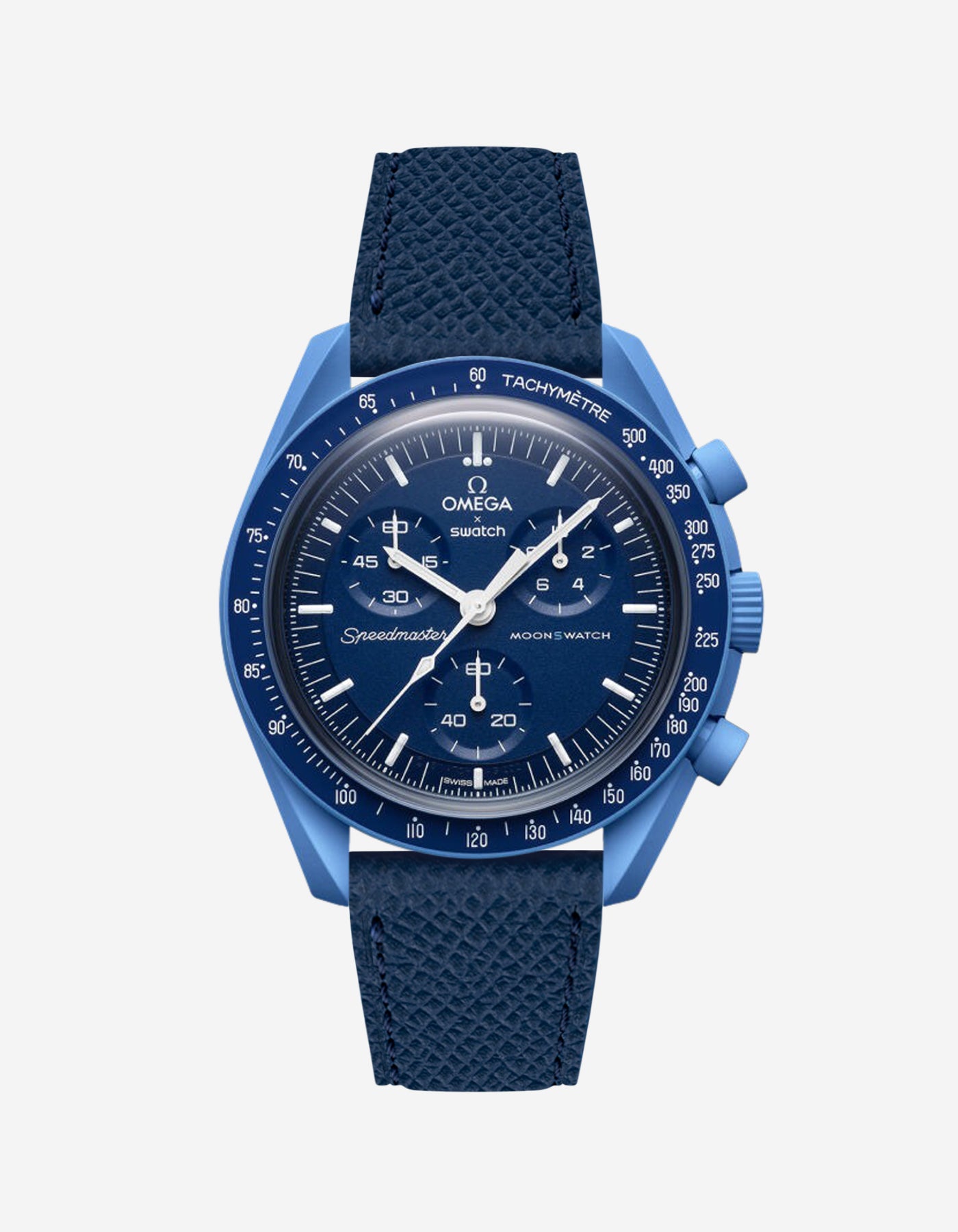 Navy Blue Epsom leather strap on Omega x Swatch Mission to Neptune watch