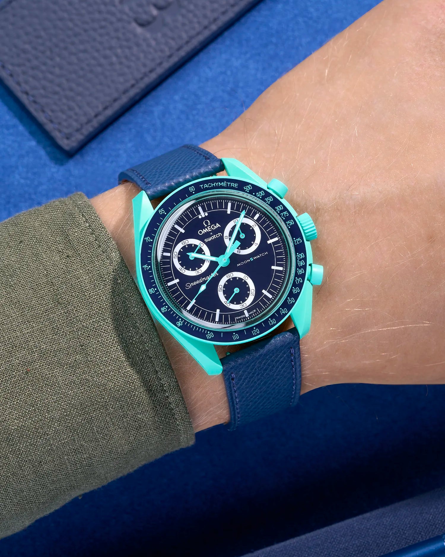 Navy Blue Epsom leather strap on Omega X Swatch MoonSwatch Mission on Earth Polar Lights worn on wrist