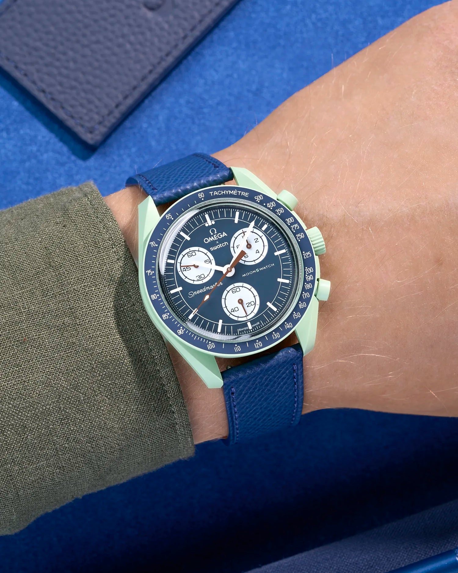 Navy Blue Epsom leather strap on Omega X Swatch MoonSwatch Mission on Earth worn on wrist