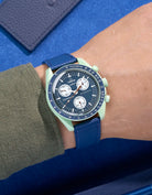 Navy Blue Epsom leather strap on Omega X Swatch MoonSwatch Mission on Earth worn on wrist
