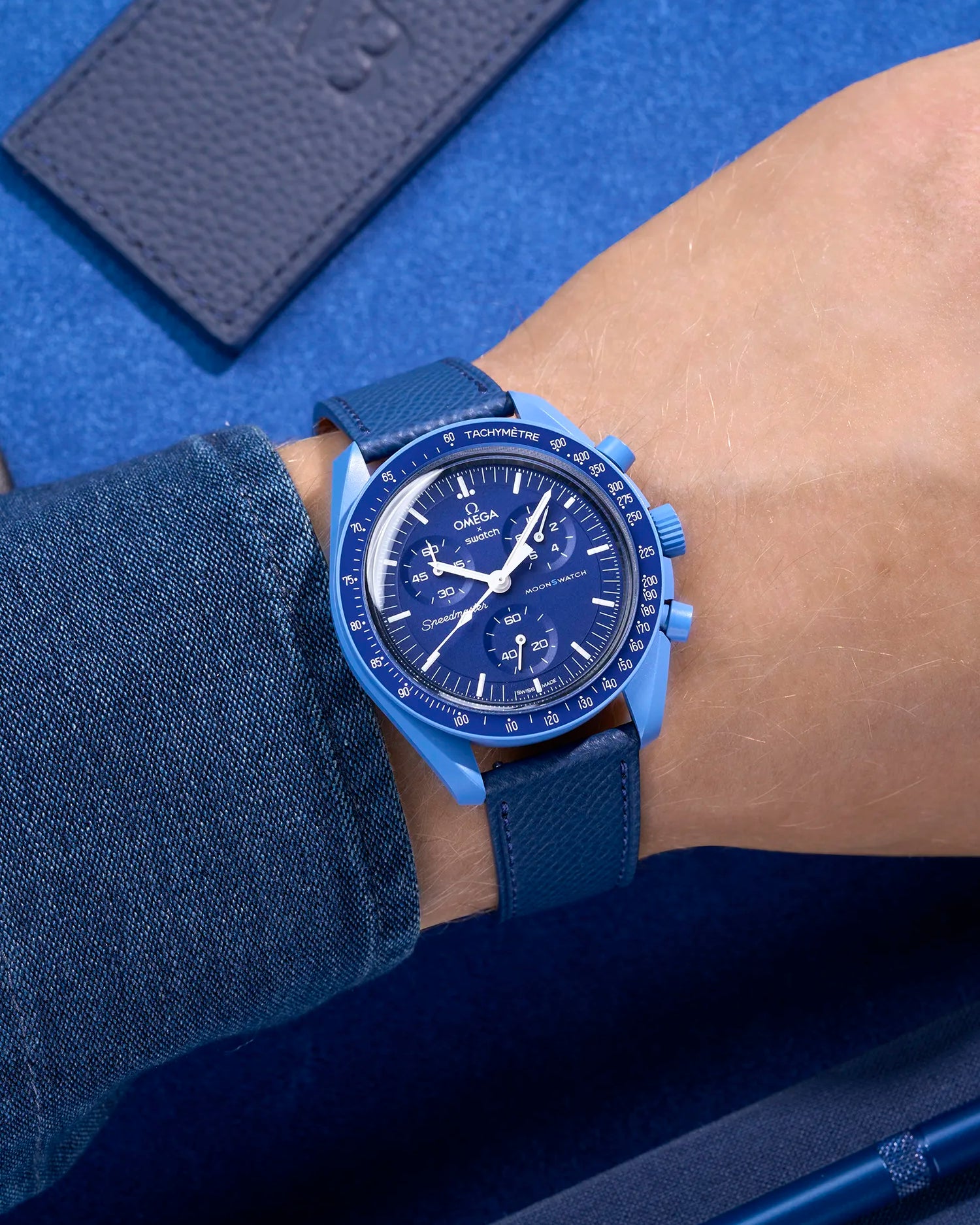 Navy Blue Epsom leather strap on Omega X Swatch MoonSwatch Mission to Neptune worn on wrist