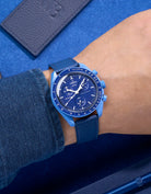 Navy Blue Epsom leather strap on Omega X Swatch MoonSwatch Mission to Neptune worn on wrist